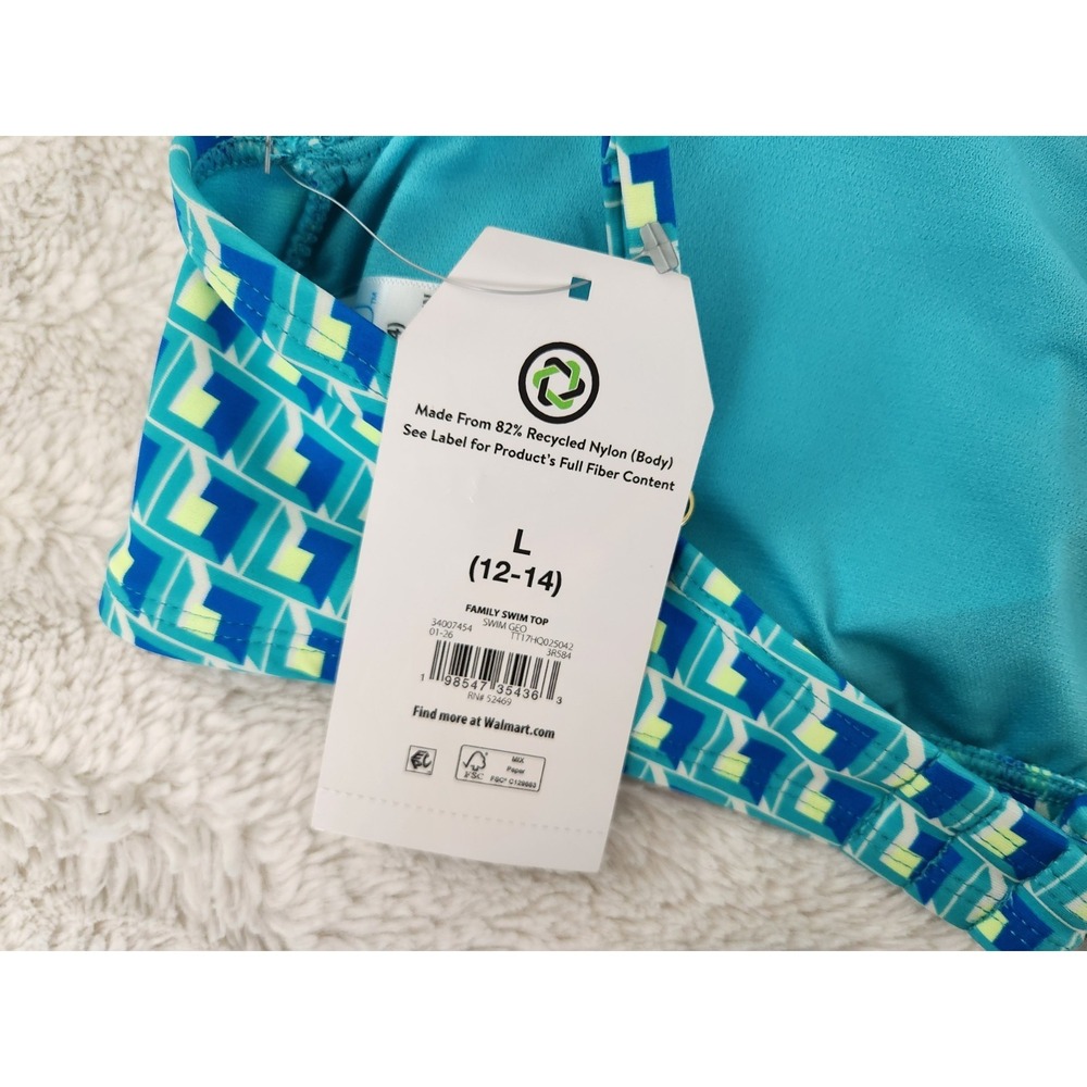 Time and Tru Bikini Swim Top L 12-14 NWT Blue Green Geometric Bandeau Swimwear - Picture 7 of 7
